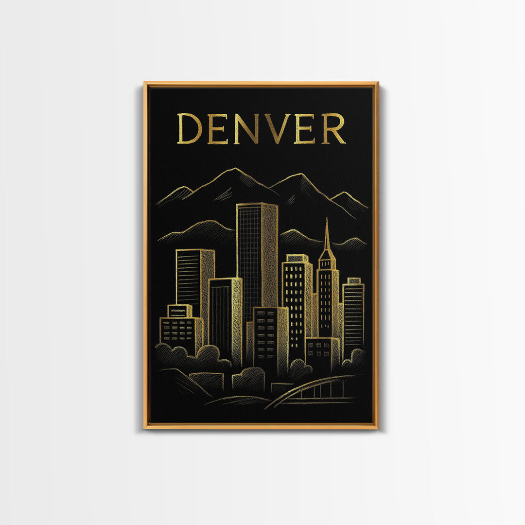 Denver Colorado Travel Poster, Canvas Print, Gold Sketch Wall Art, Denver Poster Print, Gift For Travelers, City Travel Prints, Poster Art