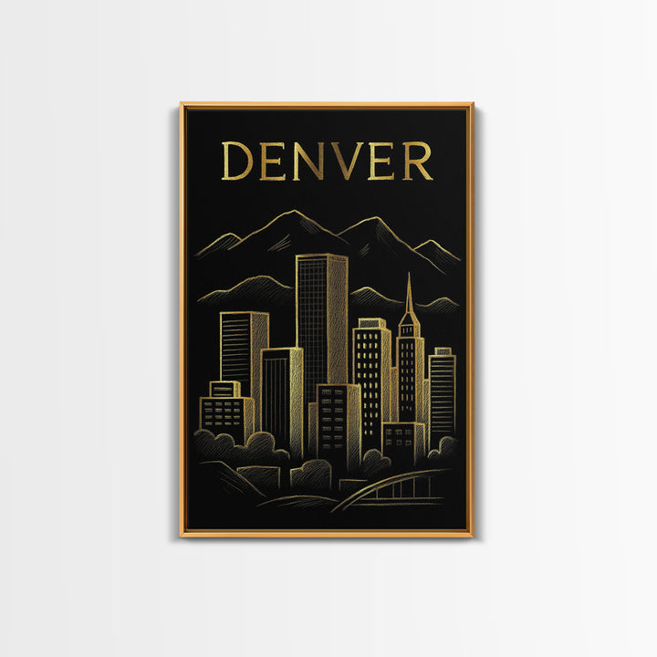 Denver Colorado Travel Poster, Canvas Print, Gold Sketch Wall Art, Denver Poster Print, Gift For Travelers, City Travel Prints, Poster Art