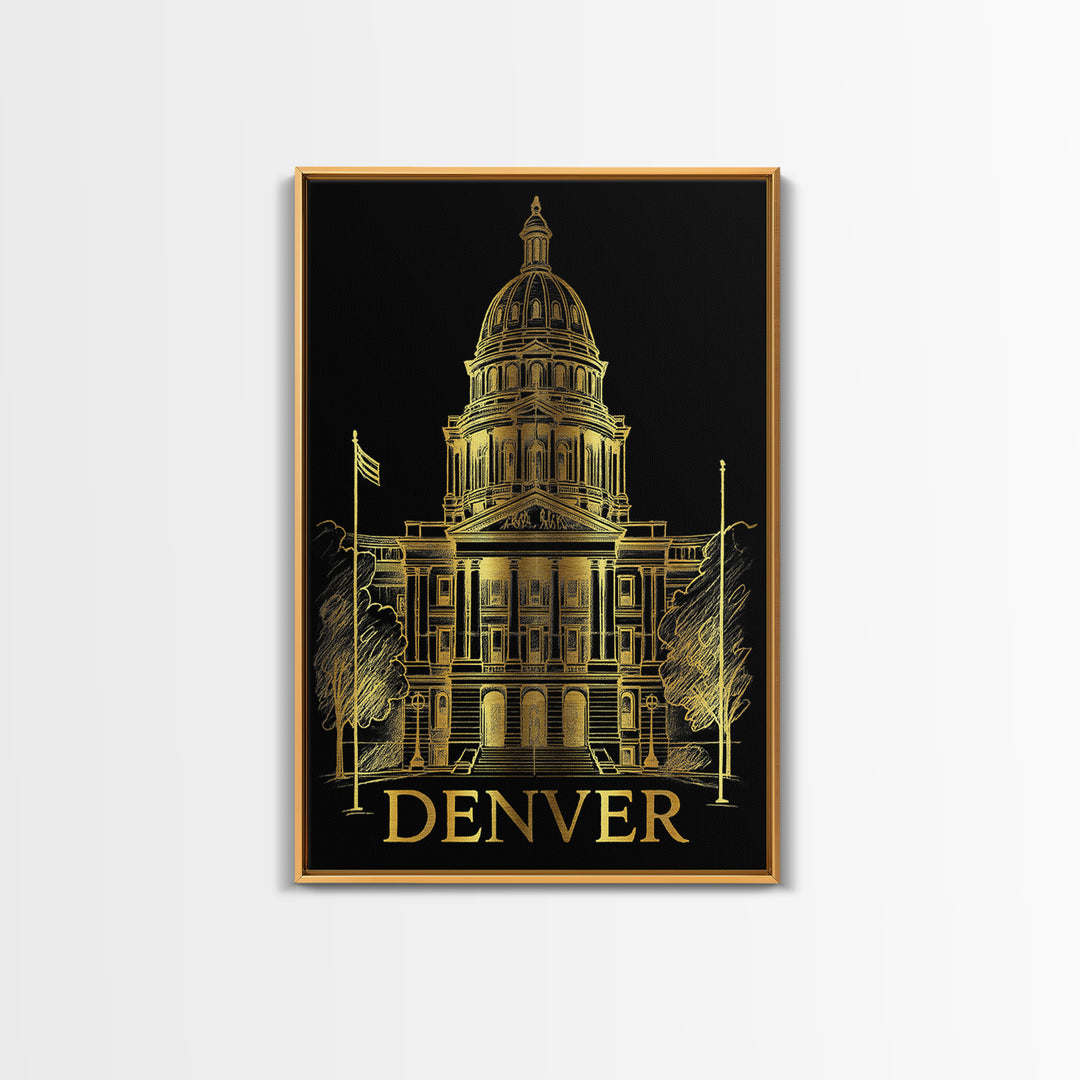 Denver Travel Poster, Framed Canvas Print, Black And Gold Line Art, Denver Travel Art, Fine Art Print, Travel Wall Decor, Home Office Decor