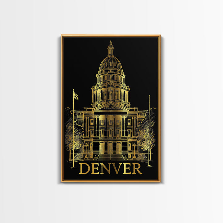 Denver Travel Poster, Framed Canvas Print, Black And Gold Line Art, Denver Travel Art, Fine Art Print, Travel Wall Decor, Home Office Decor