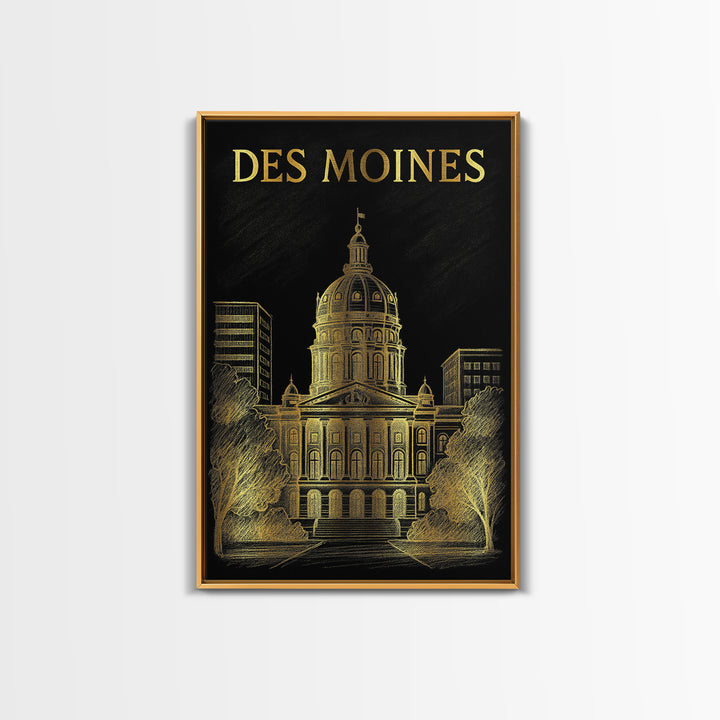 Des Moines Iowa Travel Poster, Canvas Print, Elegant Gold City Art, Des Moines Travel Art, Travel Art Print, Skyline Art, City Art Print