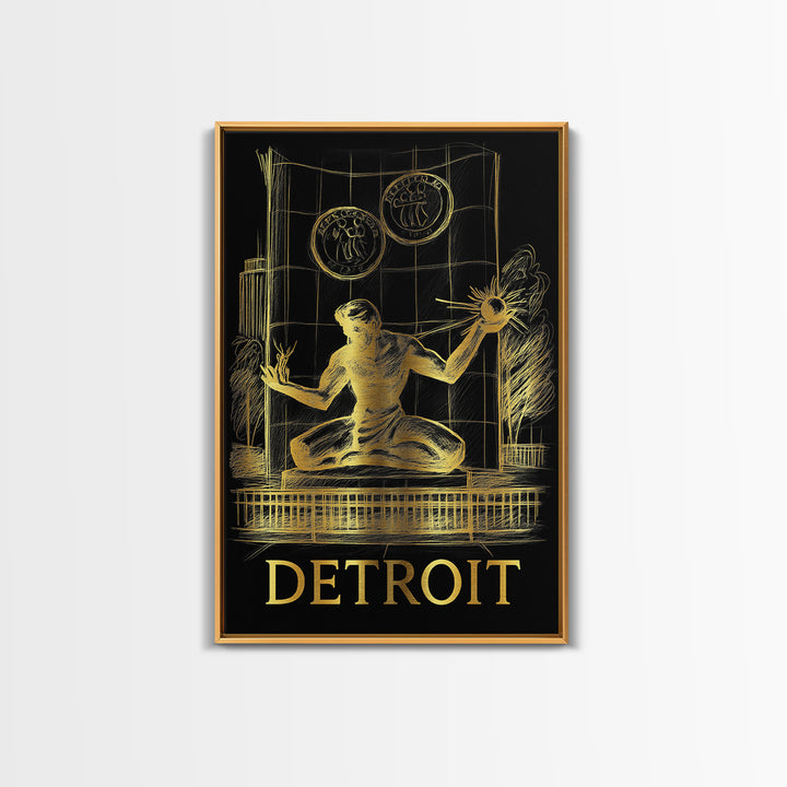 Detroit Travel Poster, Canvas Print, Gold Sketch Wall Art, Detroit Travel Art, Mid Century Wall Art, City Travel Prints, Home Office Decor