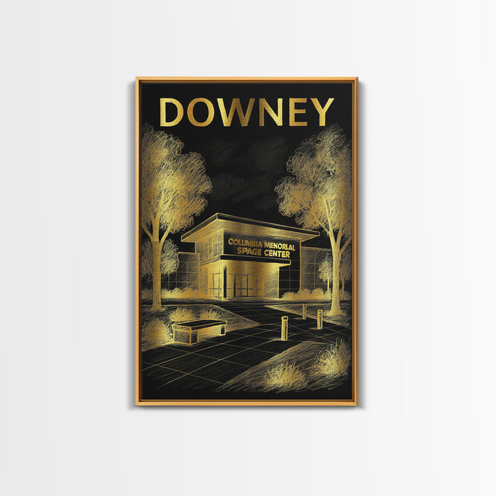 Downey California Travel Poster, Canvas Print, Gold Sketch Wall Art, Downey Wall Art, Travel Art, Vintage City Poster, Retro Travel Print