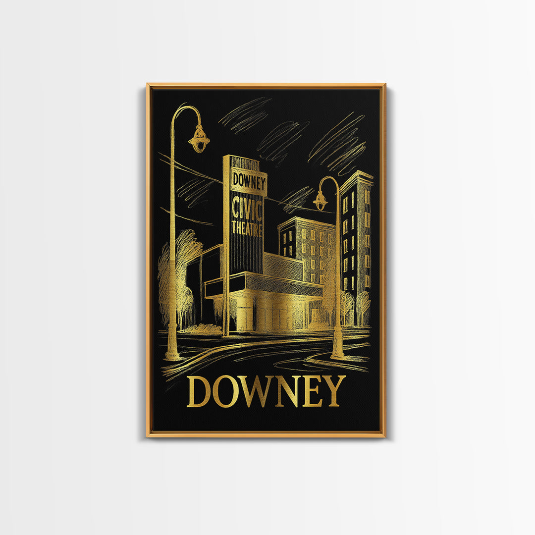 Downey Travel Poster, Framed Canvas Print, Dark Background Poster Art, Downey Poster Print, Home Office Decor, City Art Print, Design 2