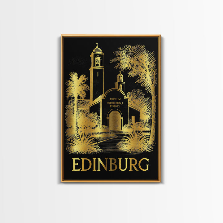 Edinburg Travel Poster, Framed Canvas Print, Black And Gold Line Art, Edinburg City Art, Retro Travel Print, Travel Art Print, Design 2