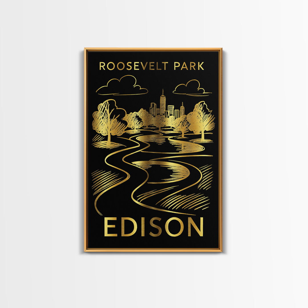 Edison Travel Poster, Framed Canvas Print, Gold Sketch Wall Art, Edison City Art, City Travel Prints, City Art Print, Modern Wall Decor