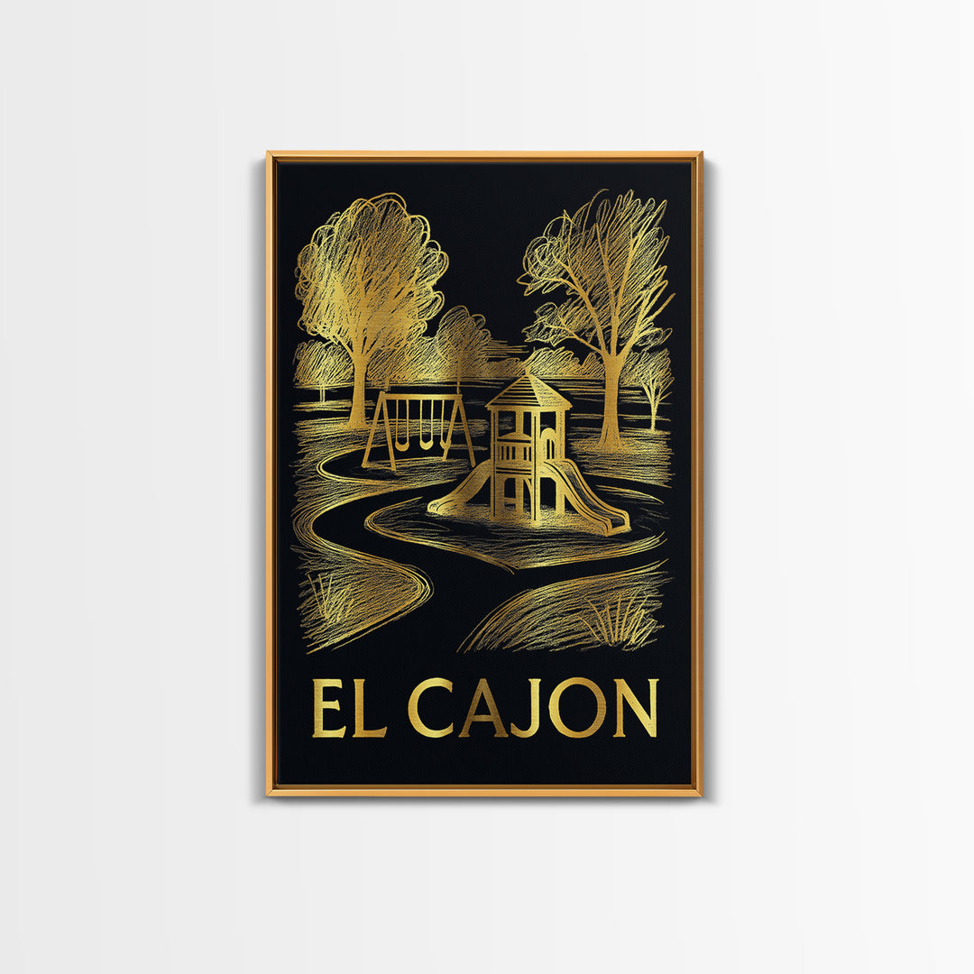 El Cajon Travel Poster, Canvas Print, Black And Gold Line Art, El Cajon City Art, Vintage City Poster, Travel Wall Art, Vintage Travel Art