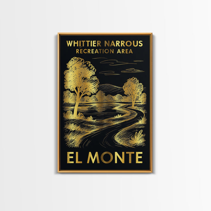 El Monte Travel Poster, Framed Canvas Print, Elegant Gold City Art, El Monte Art Print, City Illustration, Watercolor City Skyline