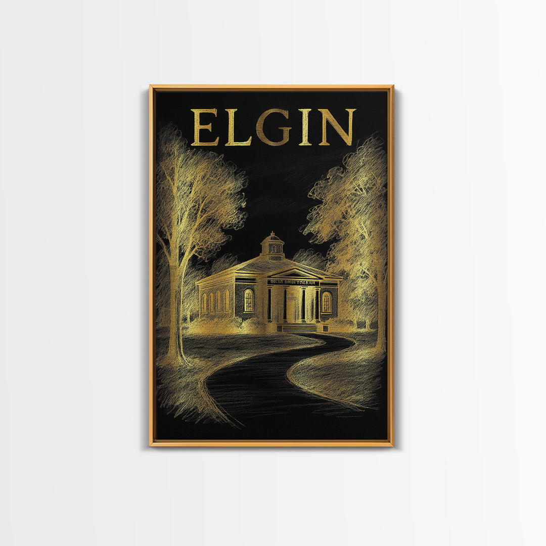 Elgin Illinois Travel Poster, Canvas Print, Gold Sketch Wall Art, Elgin City Art, Wall Art, Travel Poster Art, Retro Travel Print