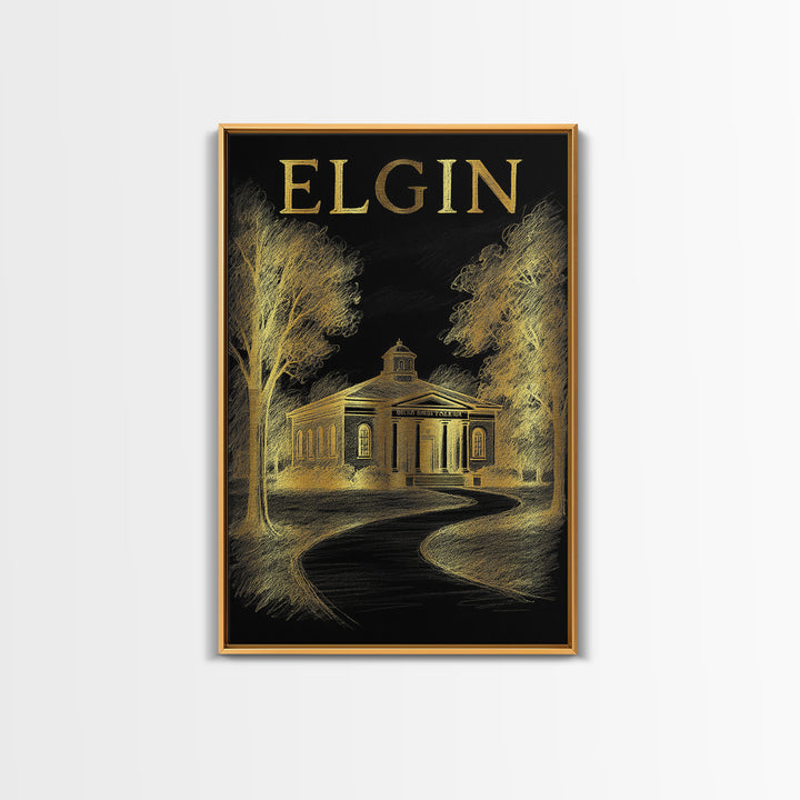 Elgin Illinois Travel Poster, Canvas Print, Gold Sketch Wall Art, Elgin City Art, Wall Art, Travel Poster Art, Retro Travel Print
