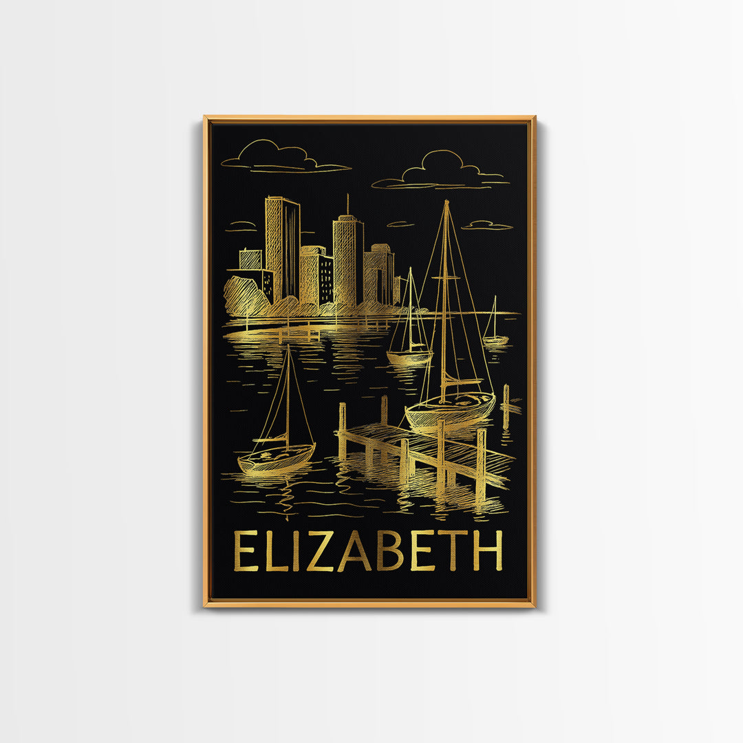 Elizabeth Travel Poster, Framed Canvas Print, Gold Sketch Wall Art, Elizabeth Art Print, Travel Art Print, Wanderlust Decor, Poster Print