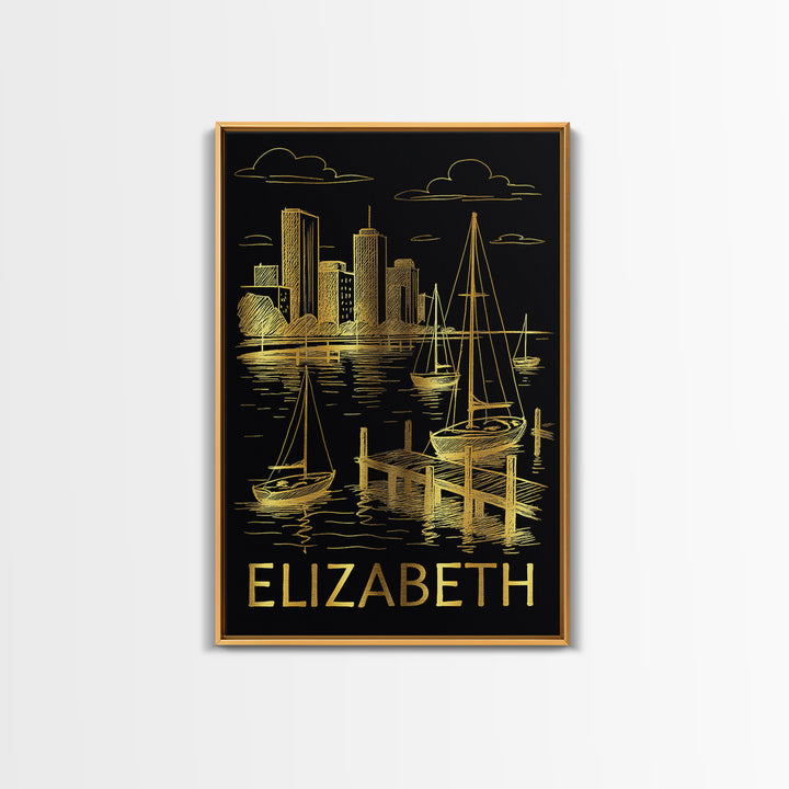 Elizabeth Travel Poster, Framed Canvas Print, Gold Sketch Wall Art, Elizabeth Art Print, Travel Art Print, Wanderlust Decor, Poster Print