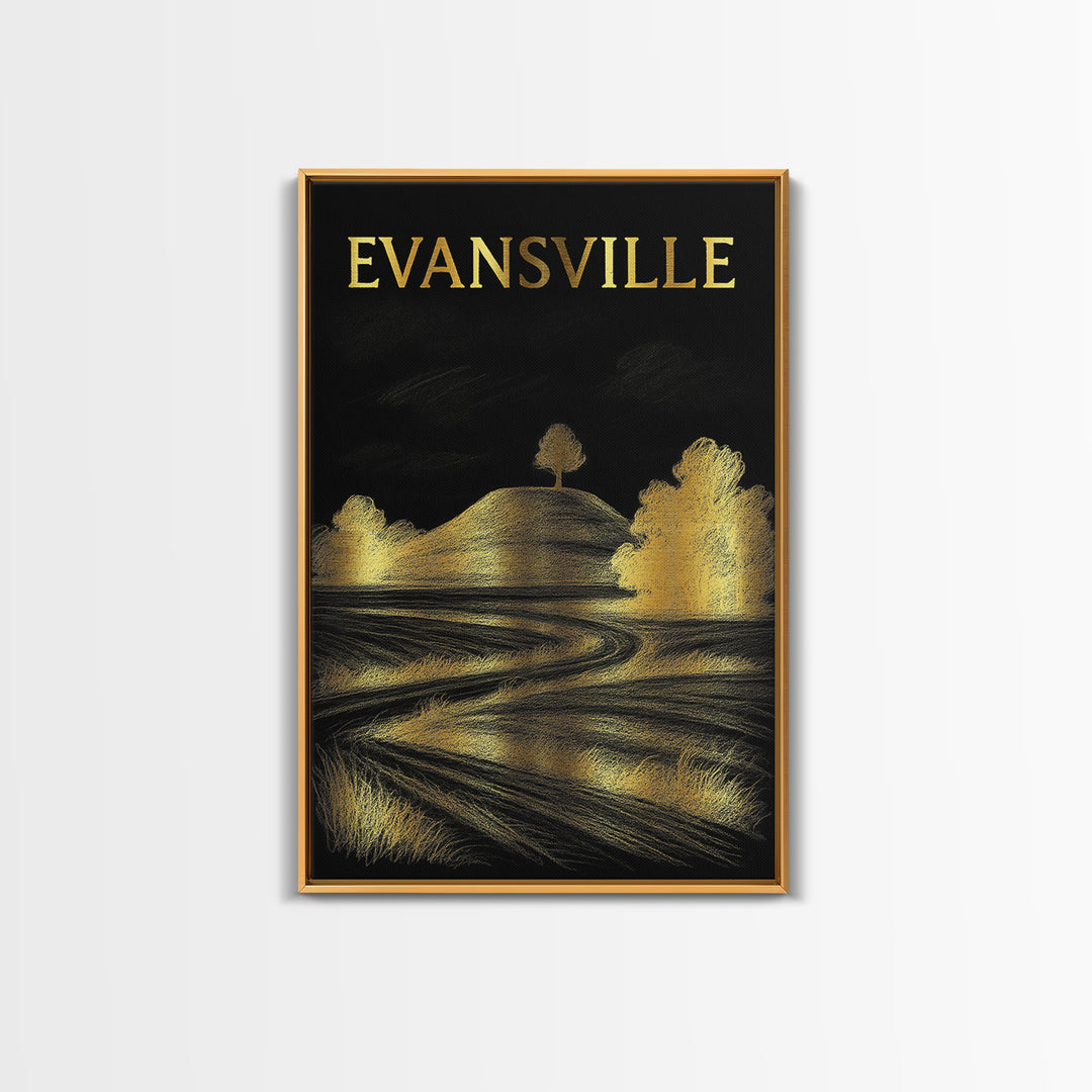 Evansville Indiana Travel Poster, Canvas Print, Elegant Gold City Art, Evansville Wall Art, City Art Print, Travel Wall Decor, Home Decor