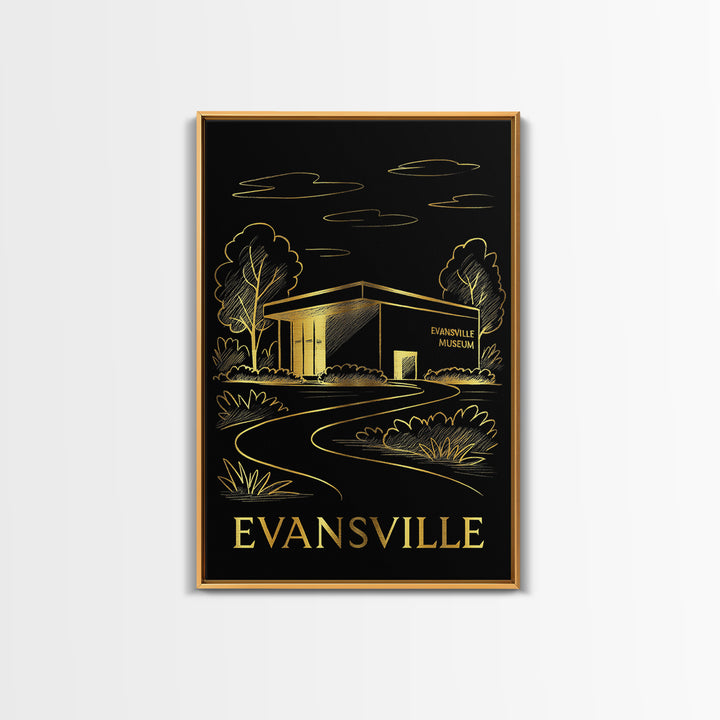 Evansville Travel Poster, Framed Canvas Print, Black And Gold Line Art, Evansville City Art, Home Office Decor, Mid Century Wall Art