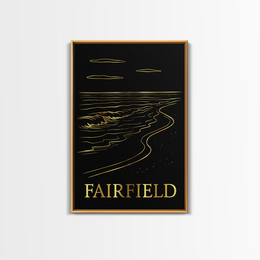 Fairfield Travel Poster, Framed Canvas Print, Black And Gold Line Art, Fairfield City Art, City Travel Prints, Watercolor Urban Skyline