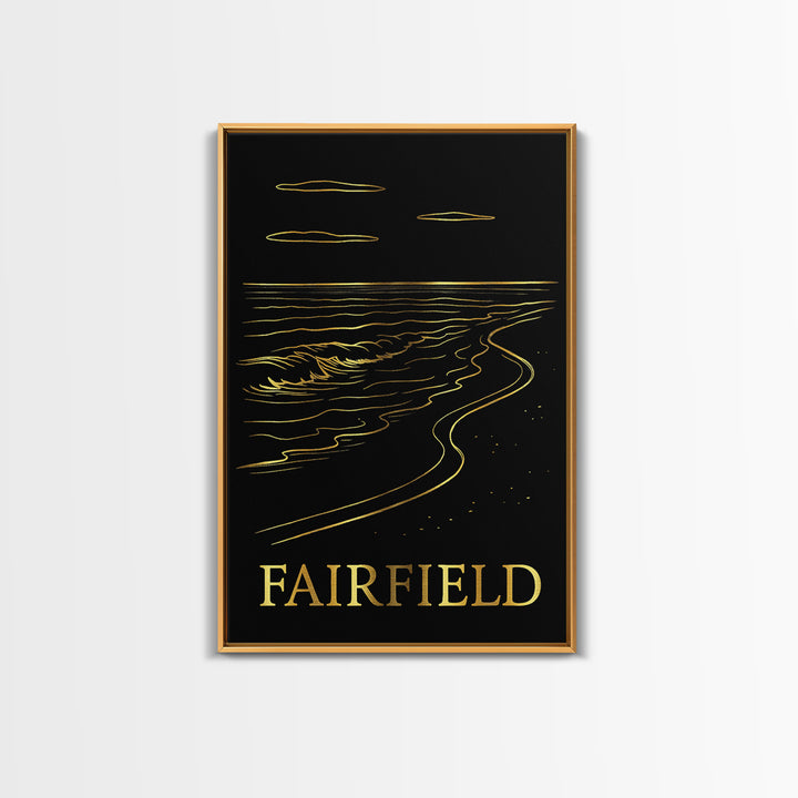Fairfield Travel Poster, Framed Canvas Print, Black And Gold Line Art, Fairfield City Art, City Travel Prints, Watercolor Urban Skyline