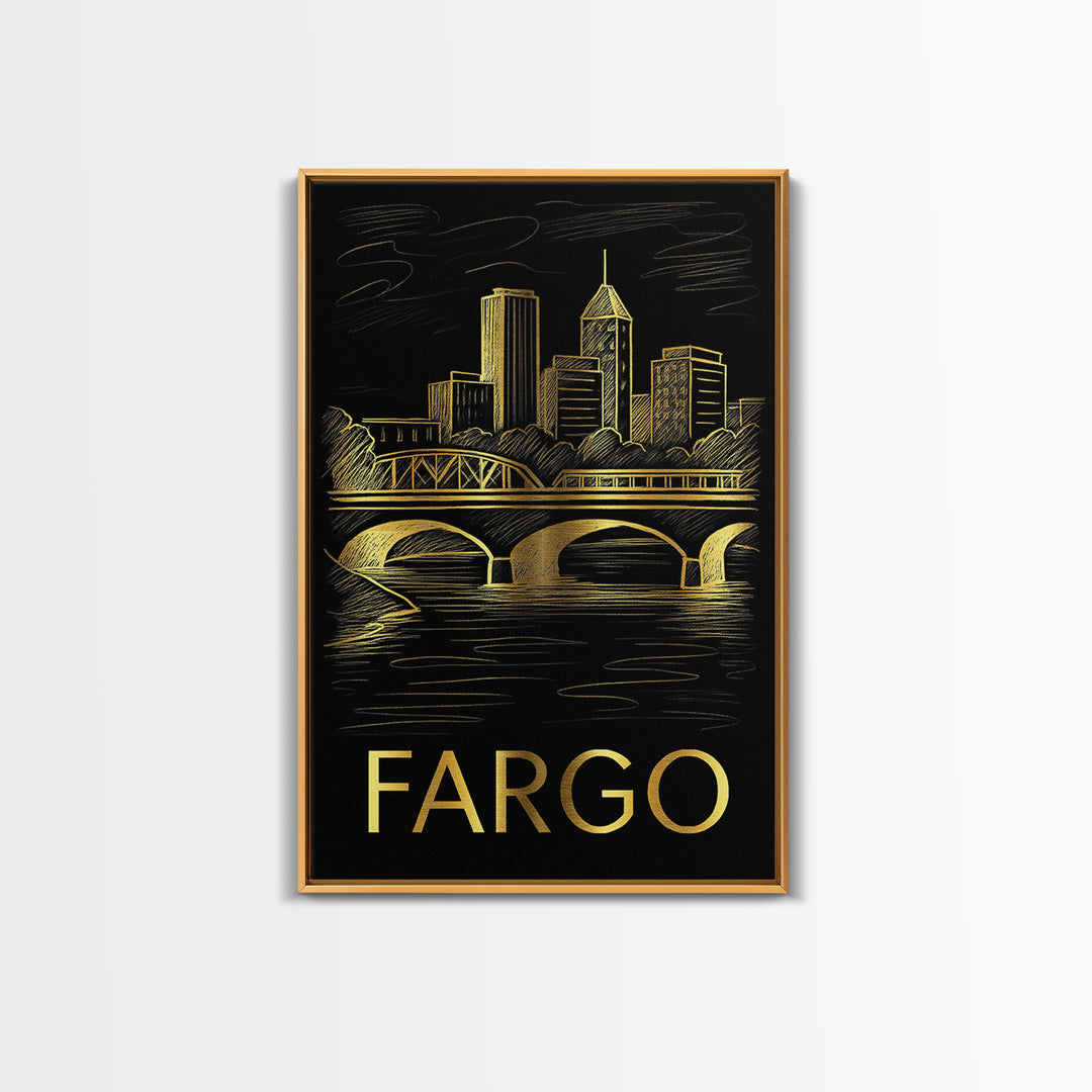 Fargo Travel Poster, Canvas Print, Elegant Gold City Art, Fargo Art Print, Travel Poster Art, Vintage Travel Print, Fine Art Print