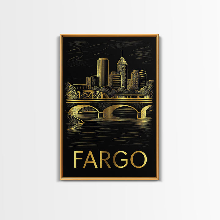 Fargo Travel Poster, Canvas Print, Elegant Gold City Art, Fargo Art Print, Travel Poster Art, Vintage Travel Print, Fine Art Print