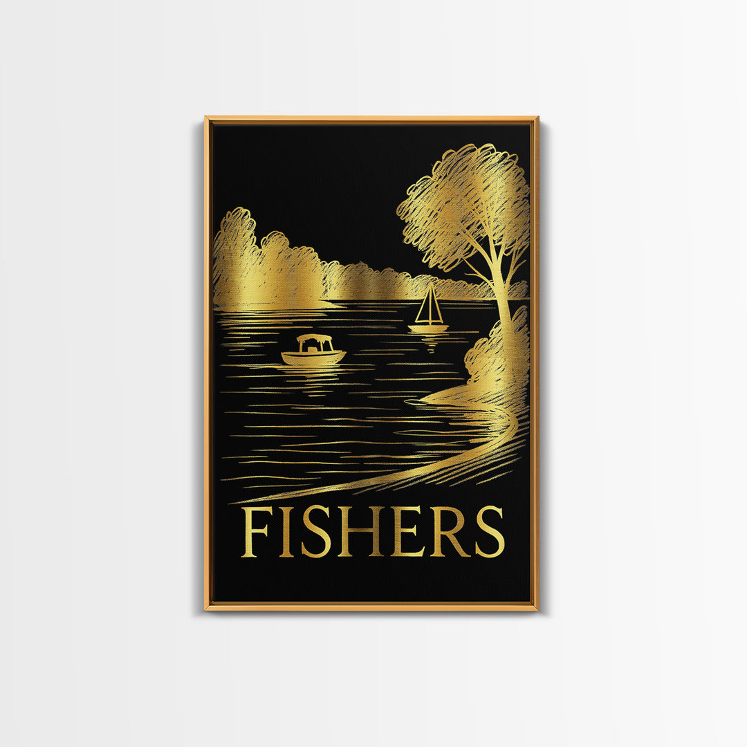Fishers Travel Poster, Framed Canvas Print, Black And Gold Line Art, Fishers Travel Art, Vintage Travel Art, Vintage Travel Print