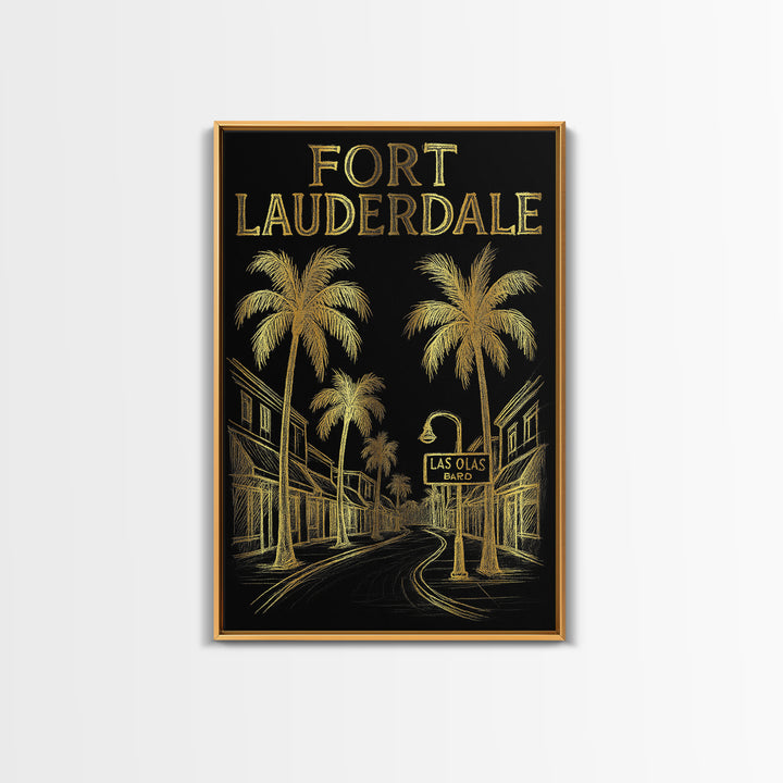 Fort Lauderdale Florida Travel Poster, Canvas Print, Elegant Gold City Art, Fort Lauderdale City Art, Travel Art Print, Watercolor Cityscape