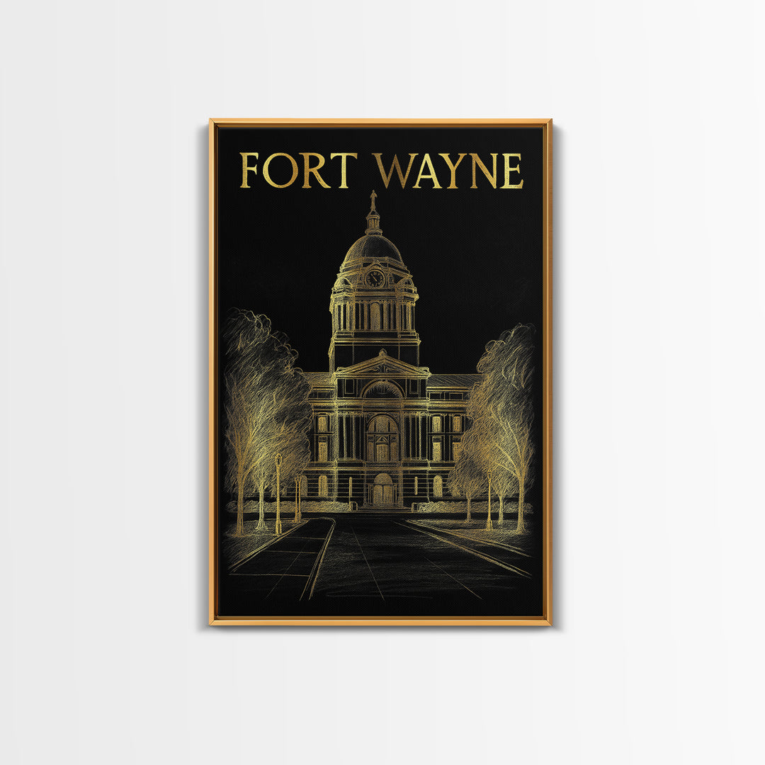 Fort Wayne Indiana Travel Poster, Canvas Print, Elegant Gold City Art, Fort Wayne Poster Print, Wanderlust Decor, Fine Art Print, Wall Decor