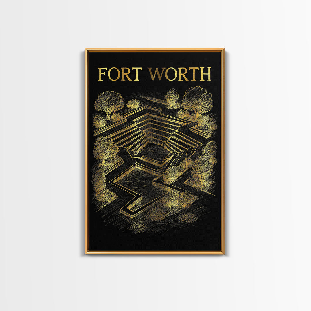 Fort Worth Texas Travel Poster, Framed Canvas Print, Gold Sketch Wall Art, Fort Worth City Art, City Illustration, Travel Wall Decor