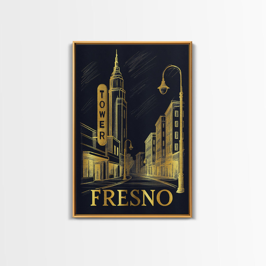 Fresno Travel Poster, Framed Canvas Print, Dark Background Poster Art, Fresno Wall Art, City Illustration, Vintage Travel Art, Design 2