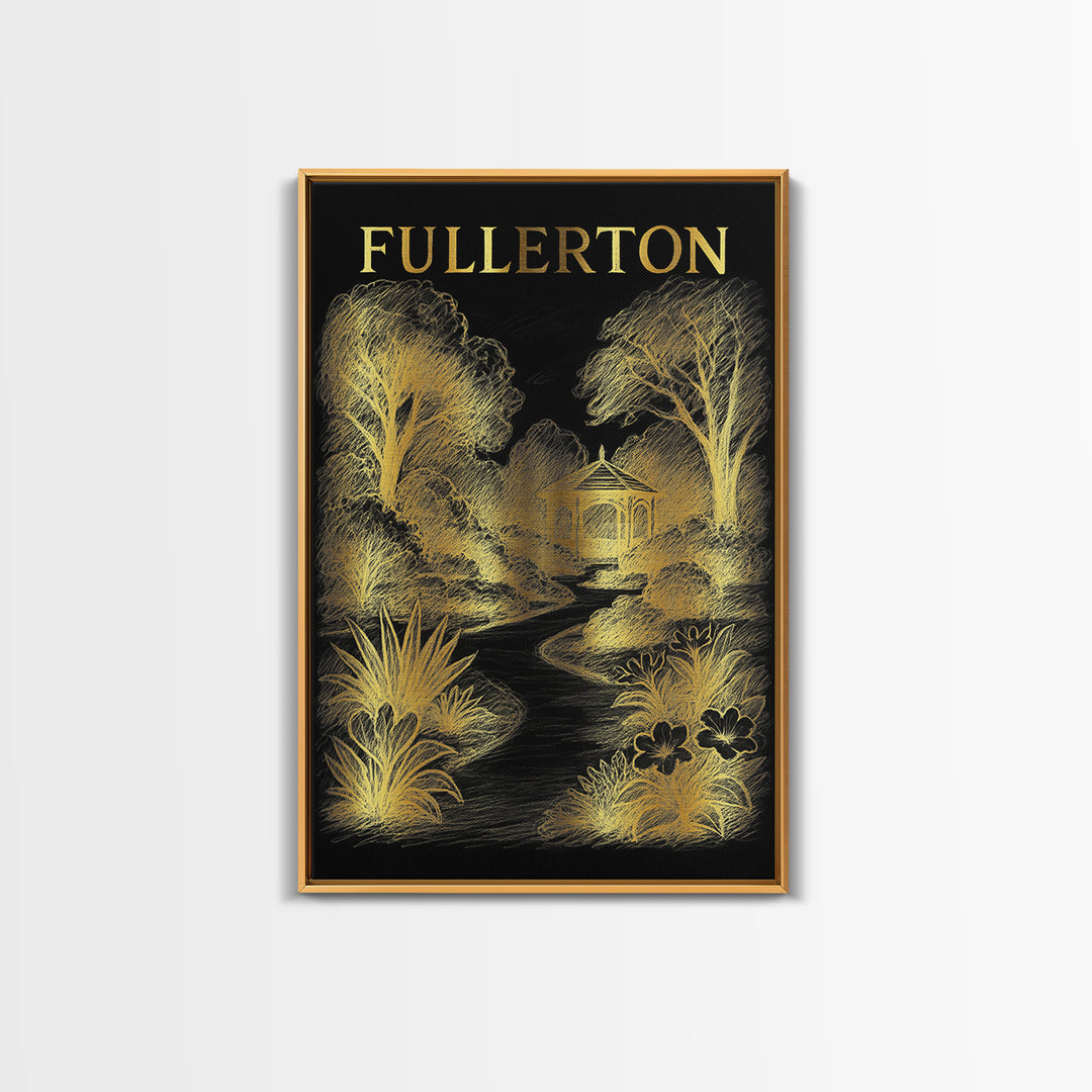 Fullerton California Travel Poster, Framed Canvas Print, Gold Sketch Wall Art, Fullerton Art Print, Home Office Decor, Retro Travel Print