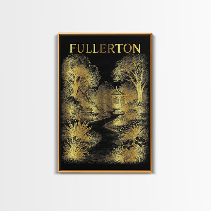 Fullerton California Travel Poster, Framed Canvas Print, Gold Sketch Wall Art, Fullerton Art Print, Home Office Decor, Retro Travel Print