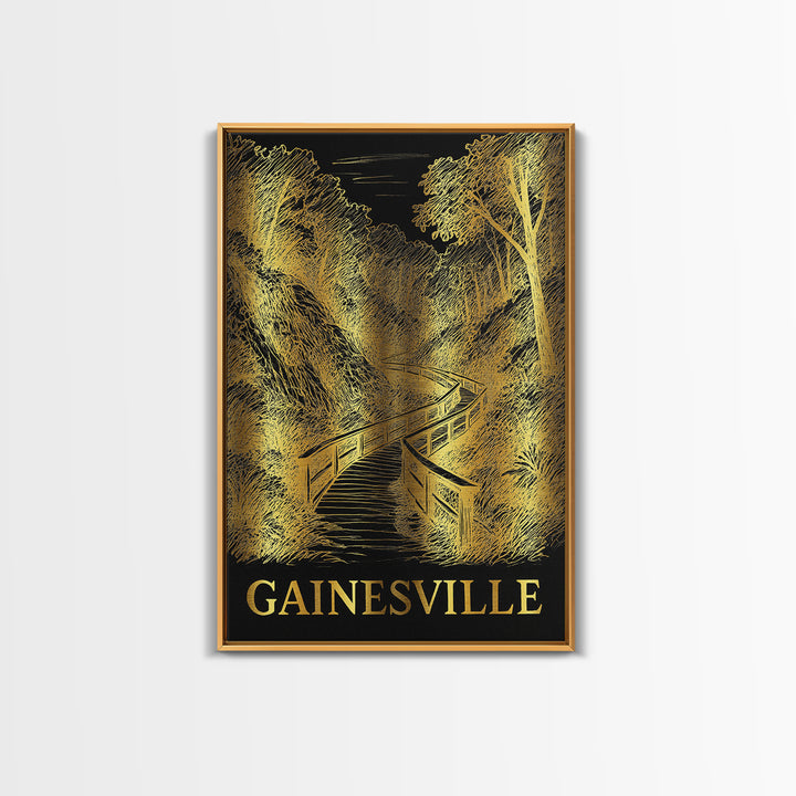 Gainesville Travel Poster, Framed Canvas Print, Gold Sketch Wall Art, Gainesville Poster Print, Living Room Wall Art, Eclectic Wall Decor