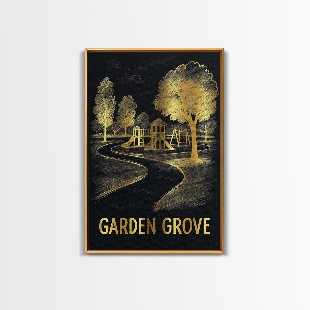 Garden Grove Travel Poster, Framed Canvas Print, Gold Sketch Wall Art, Garden Grove Poster Print, Mid Century Wall Art, Vintage City Art