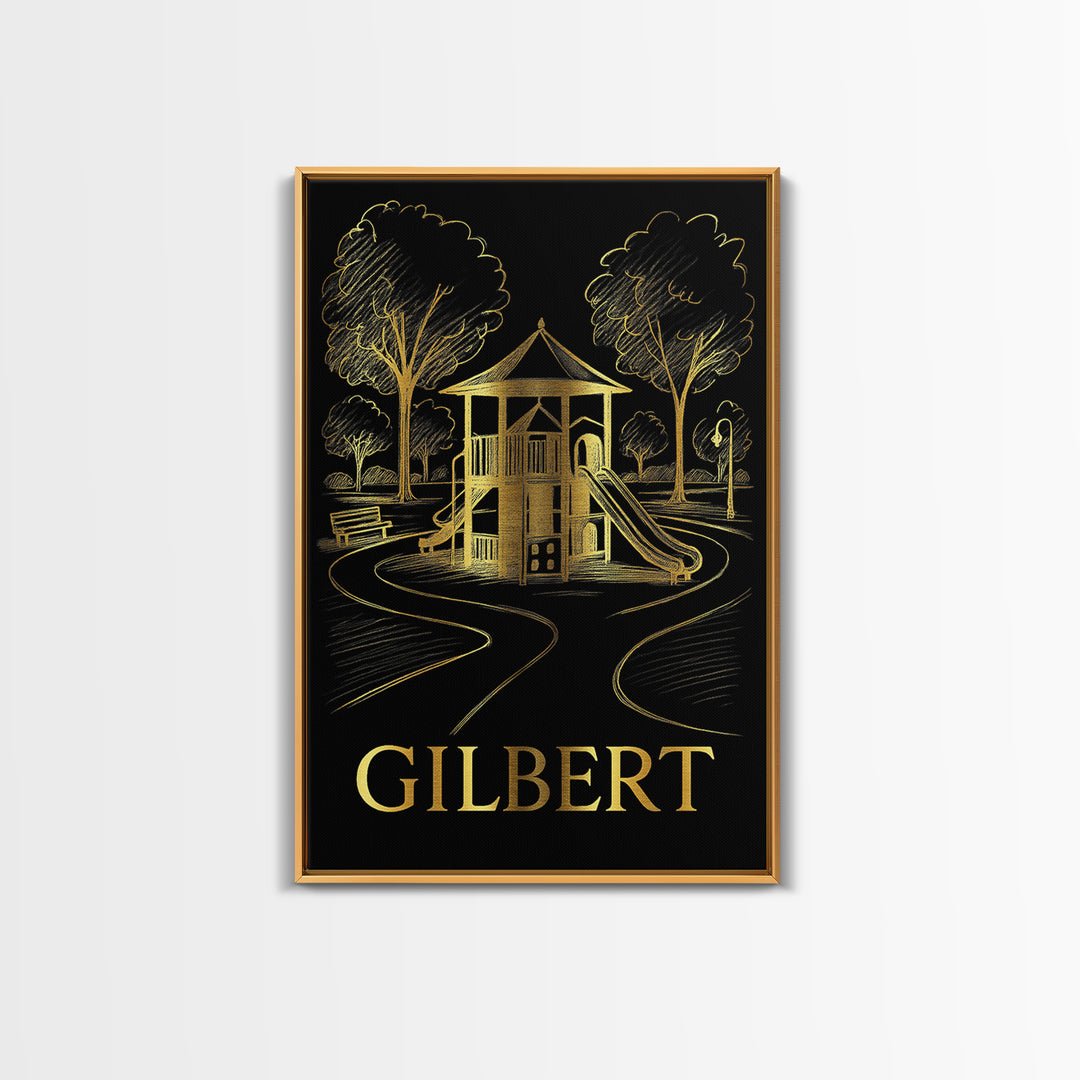 Gilbert Travel Poster, Framed Canvas Print, Gold Sketch Wall Art, Gilbert City Art, Travel Art Print, Eclectic Wall Decor, Fine Art Print