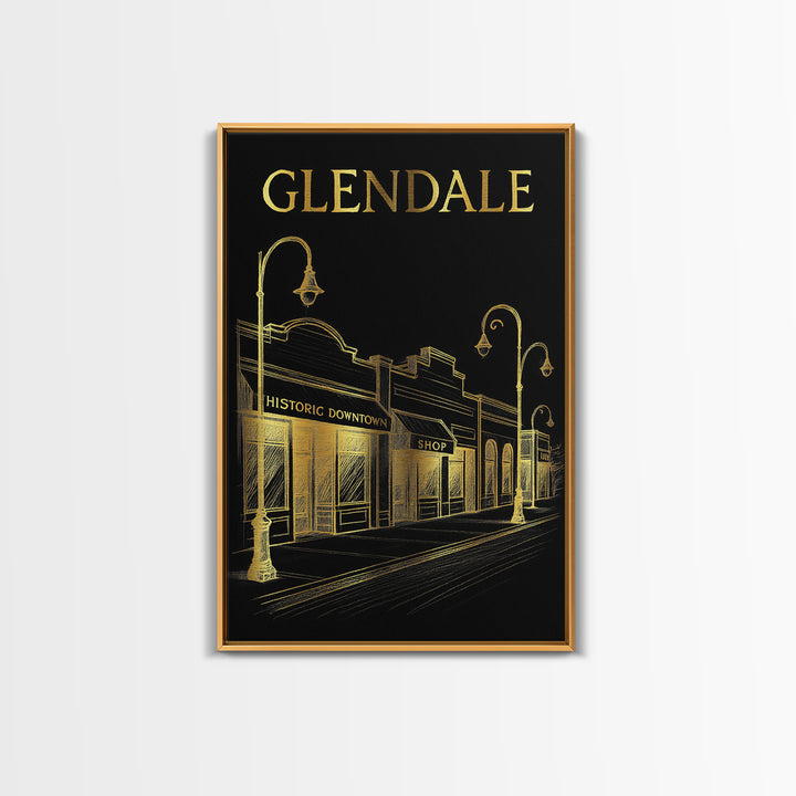 Glendale Travel Poster, Canvas Print, Black And Gold Line Art, Glendale Poster Print, Vintage City Poster, Travel Poster Art, Wall Art