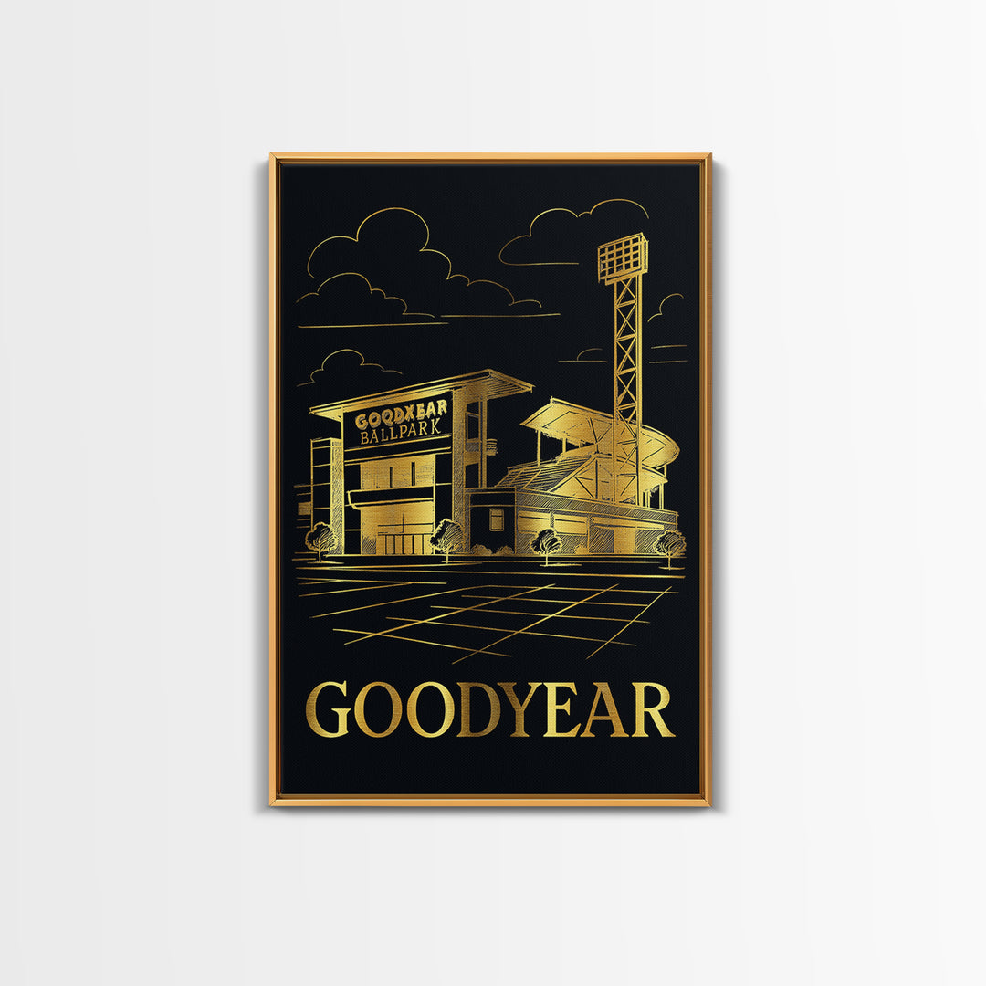 Goodyear Travel Poster, Framed Canvas Print, Gold Sketch Wall Art, Goodyear Travel Art, Eclectic Wall Decor, Living Room Wall Art