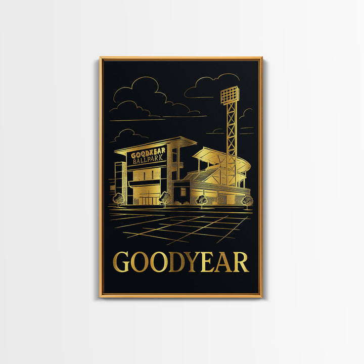 Goodyear Travel Poster, Framed Canvas Print, Gold Sketch Wall Art, Goodyear Travel Art, Eclectic Wall Decor, Living Room Wall Art