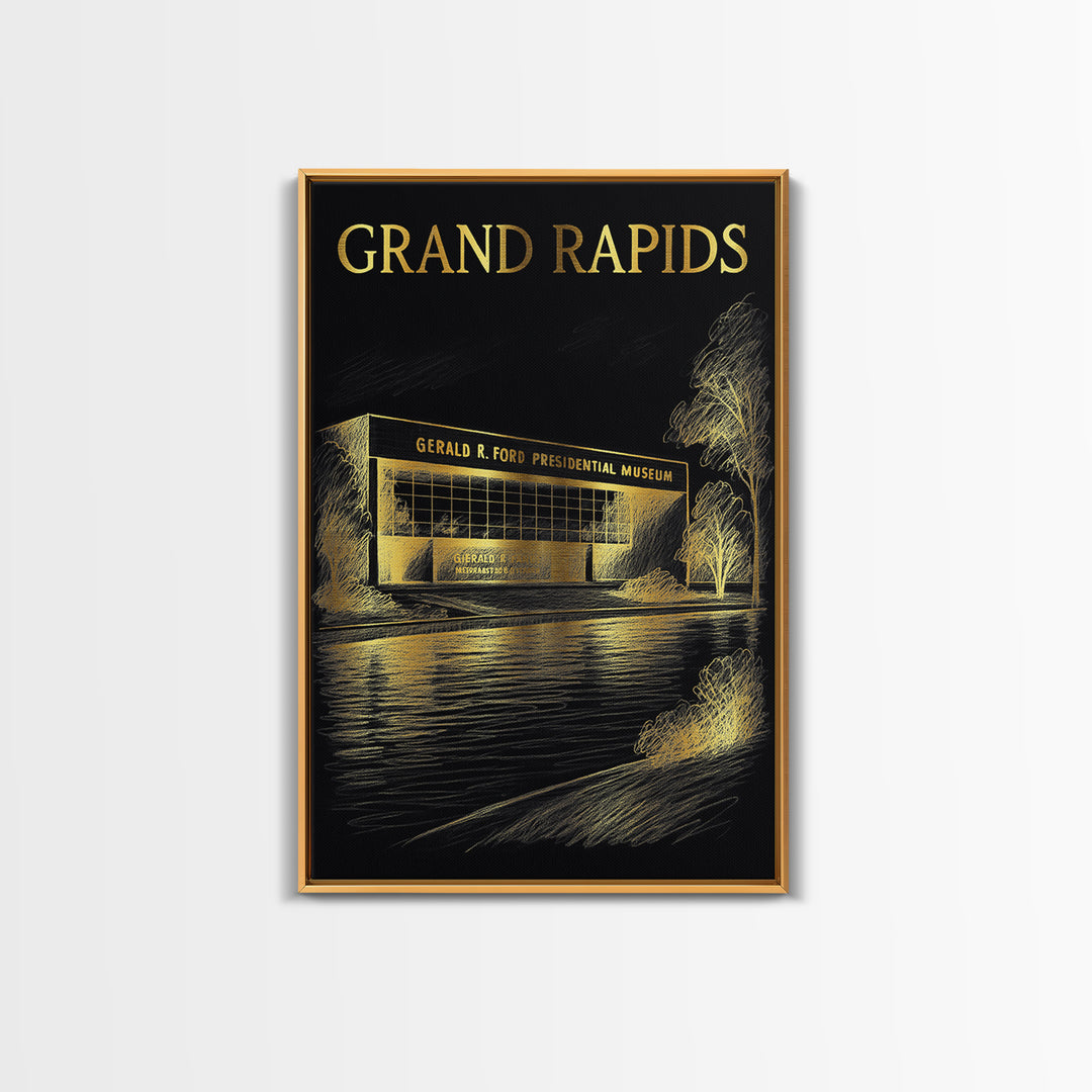 Grand Rapids Michigan Travel Poster, Canvas Print, Elegant Gold City Art, Grand Rapids Travel Art, Vintage City Art, Vintage City Poster
