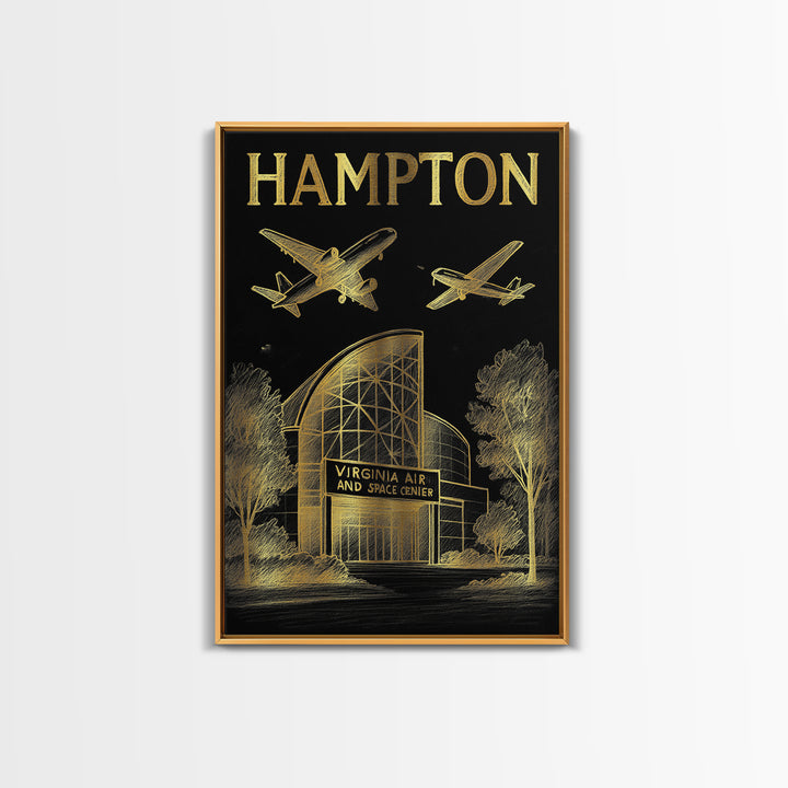 Hampton Virginia Travel Poster, Framed Canvas Print, Black And Gold Line Art, Hampton Art Print, Home Office Decor, Eclectic Wall Decor