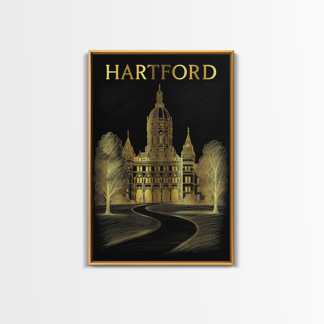 Hartford Connecticut Travel Poster, Canvas Print, Black And Gold Line Art, Hartford Wall Art, Travel Art Print, Travel Wall Art