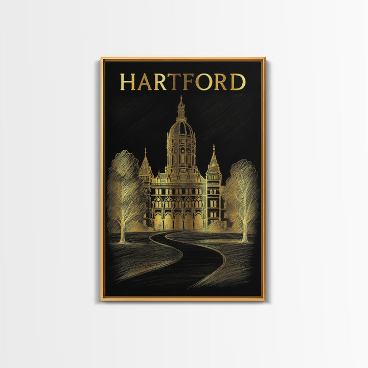 Hartford Connecticut Travel Poster, Canvas Print, Black And Gold Line Art, Hartford Wall Art, Travel Art Print, Travel Wall Art