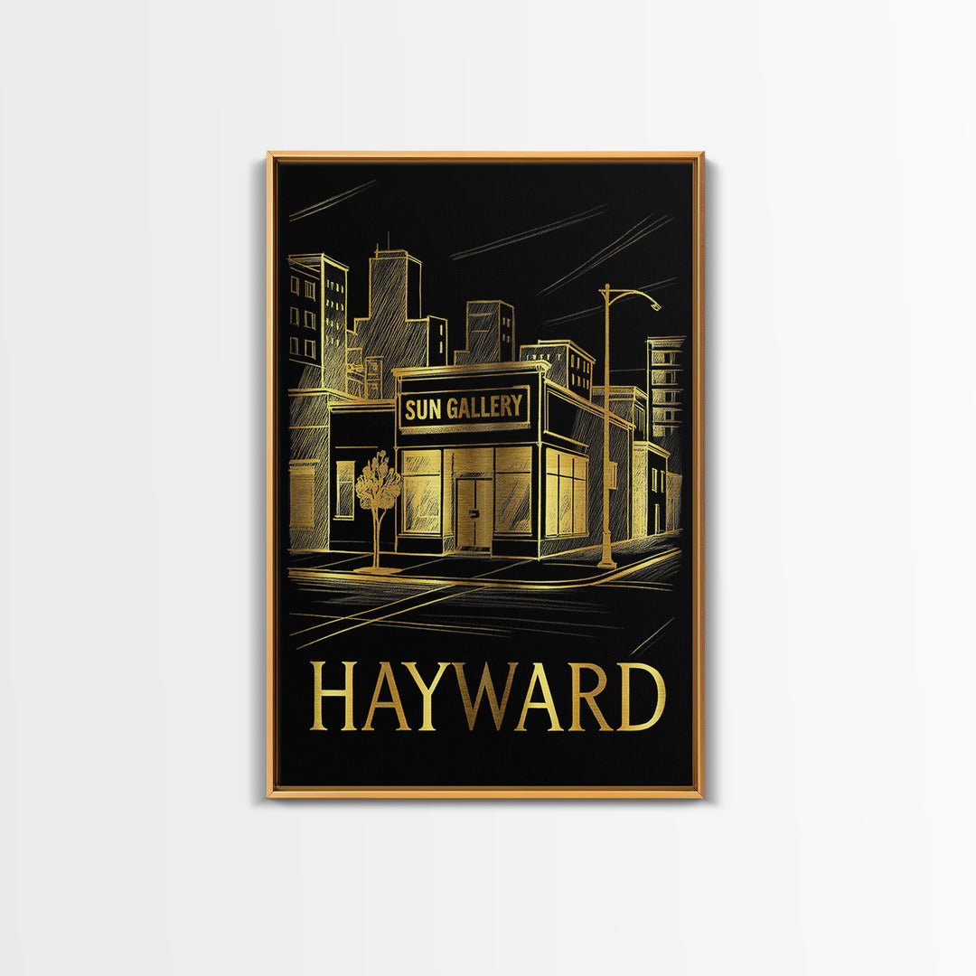 Hayward Travel Poster, Framed Canvas Print, Gold Sketch Wall Art, Hayward Travel Art, Travel Poster Set, City Illustration, Vintage Print