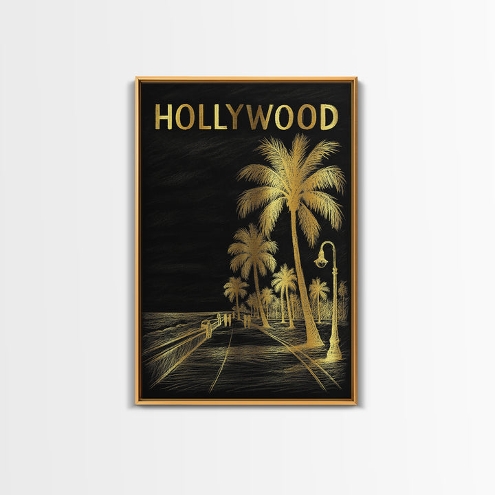 Hollywood Florida Travel Poster, Canvas Print, Dark Background Poster Art, Hollywood Poster Print, Watercolor City Skyline, Travel Print