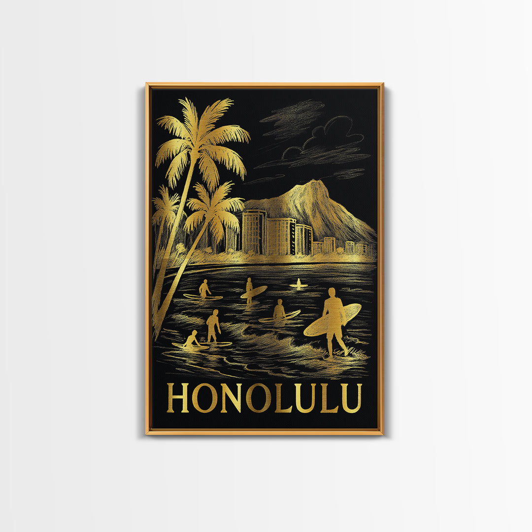 Honolulu Travel Poster, Canvas Print, Black And Gold Line Art, Honolulu Travel Art, Eclectic Wall Decor, Gift For Travelers, Poster Art