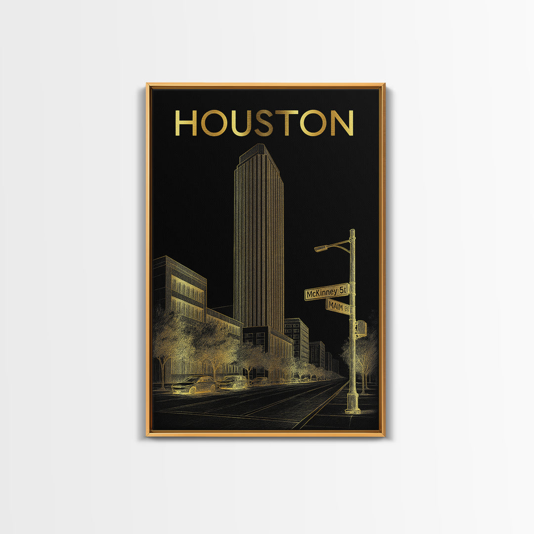 Houston Travel Poster, Canvas Print, Elegant Gold City Art, Houston Poster Print, Gift For Travelers, Travel Wall Art, City Art Print