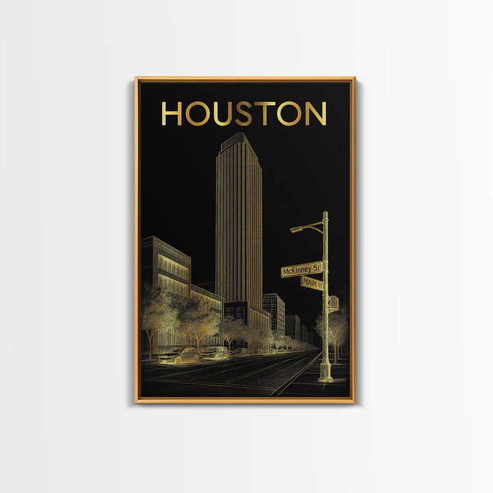 Houston Travel Poster, Canvas Print, Elegant Gold City Art, Houston Poster Print, Gift For Travelers, Travel Wall Art, City Art Print