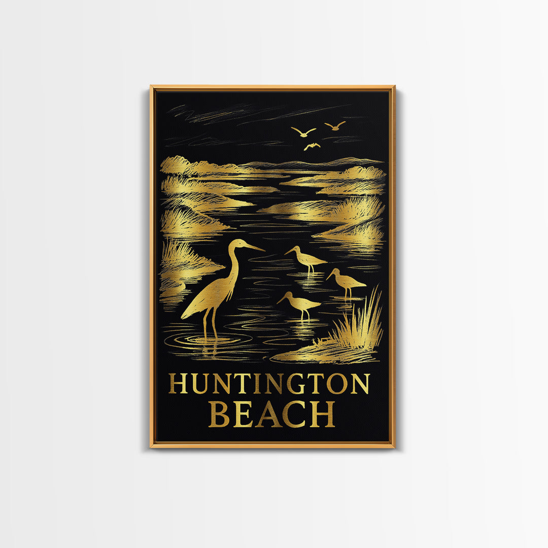 Huntington Beach Travel Poster, Framed Canvas Print, Elegant Gold City Art, Huntington Beach Travel Art, Travel Poster Art, Home Decor