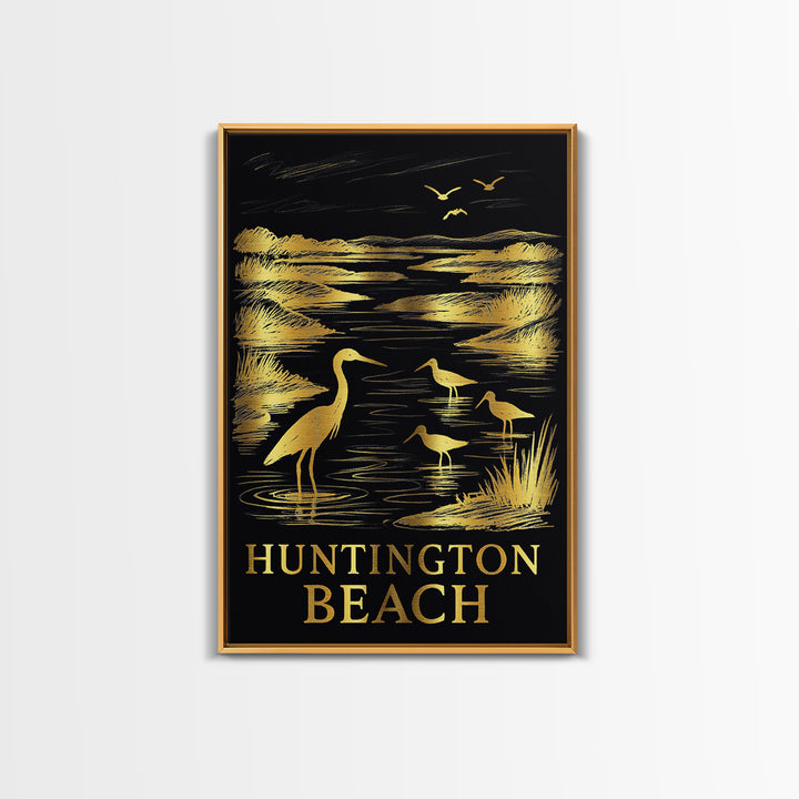 Huntington Beach Travel Poster, Framed Canvas Print, Elegant Gold City Art, Huntington Beach Travel Art, Travel Poster Art, Home Decor