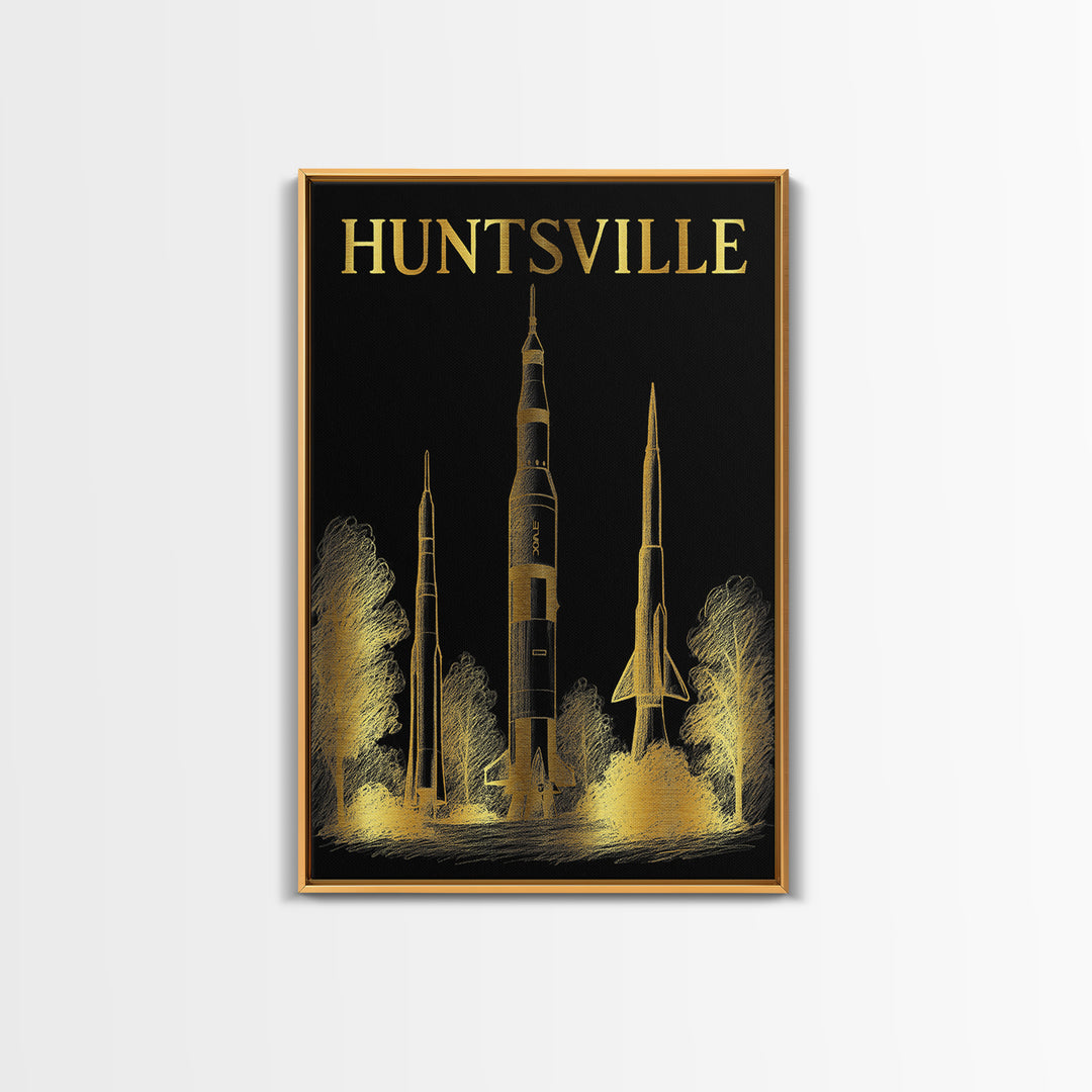 Huntsville Alabama Travel Poster, Canvas Print, Black And Gold Line Art, Huntsville Wall Art, Wall Decor, Mid Century Wall Art, Wall Art