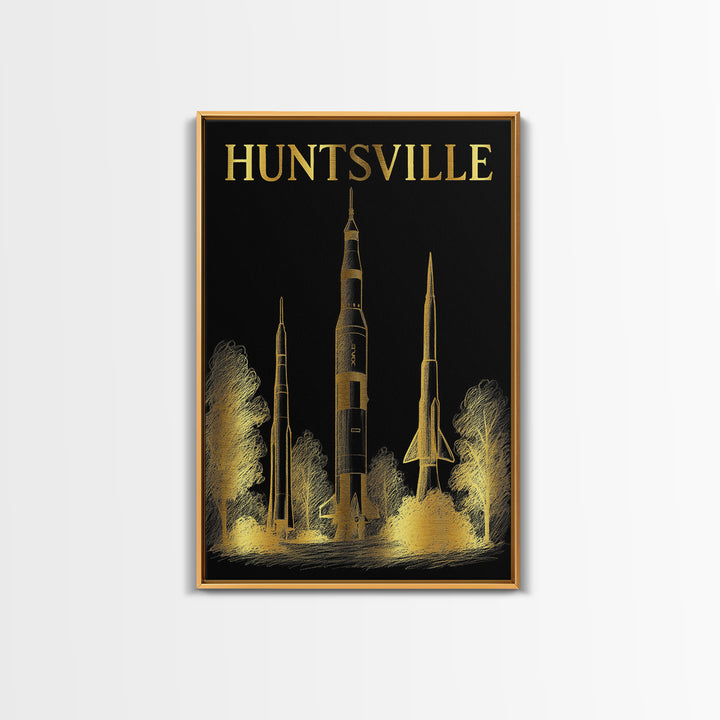 Huntsville Alabama Travel Poster, Canvas Print, Black And Gold Line Art, Huntsville Wall Art, Wall Decor, Mid Century Wall Art, Wall Art