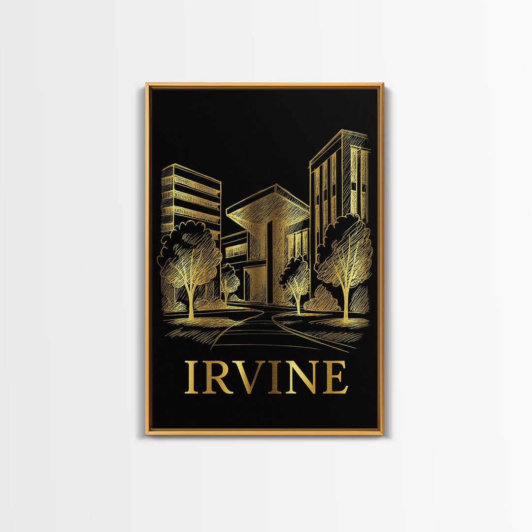 Irvine Travel Poster, Framed Canvas Print, Elegant Gold City Art, Irvine Art Print, Travel Art Print, Vintage Travel Print, Fine Art Print
