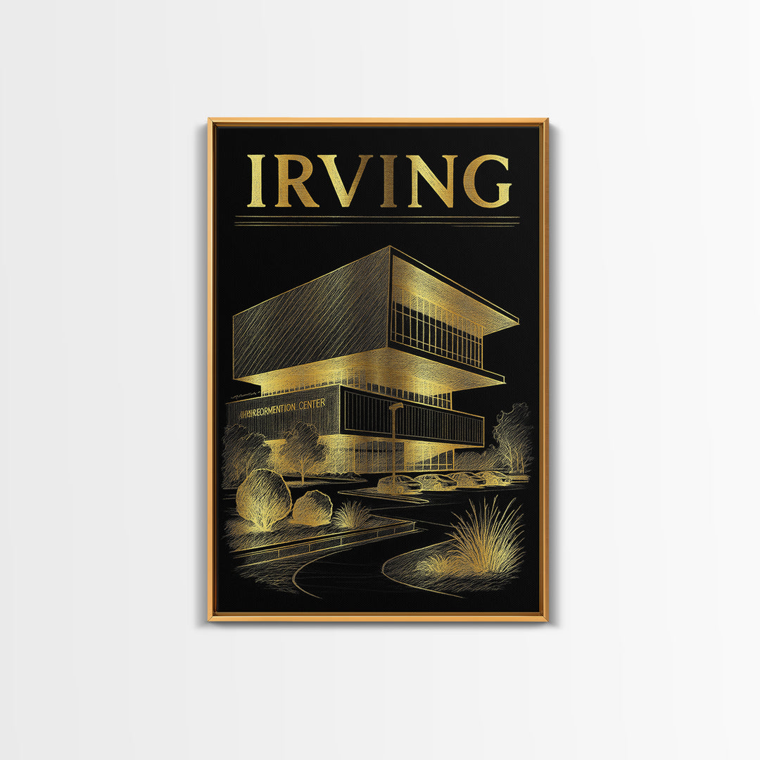 Irving Texas Travel Poster, Canvas Print, Black And Gold Line Art, Irving Print, Wanderlust Decor, Watercolor Skyline, Retro Travel Print